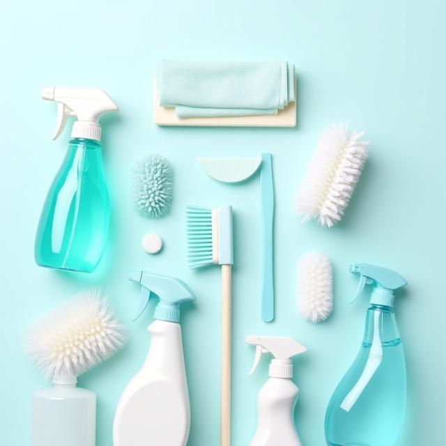 Professional cleaning kit neatly arranged with brushes, sprays, and cloths