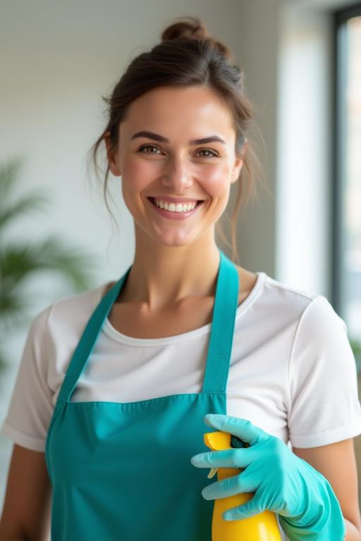 Cleaning professional with a warm smile holding cleaning supplies