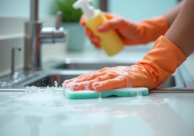 Detailed scrubbing of kitchen surfaces with cleaning tools